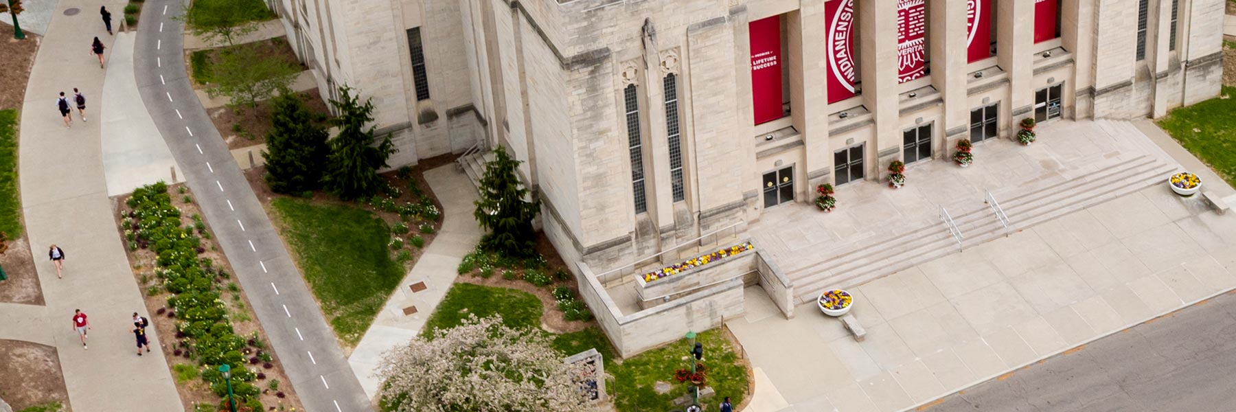 The IU Auditorium entrance seen from above, showing the stairs and accessible ramp.